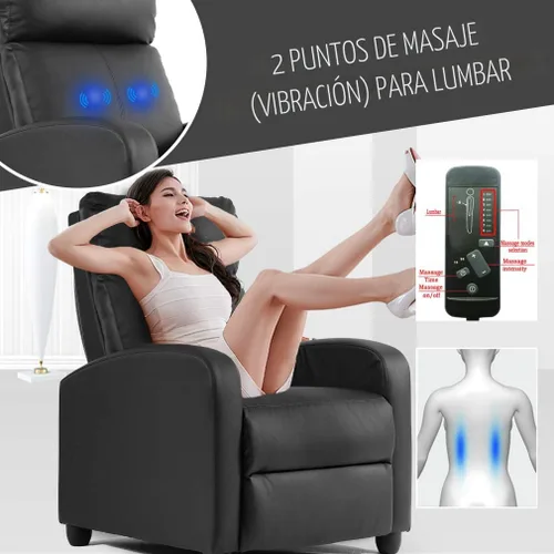 Vista 4 de BestMassage Silla reclinable con función de masaje de 2 puntos Negra con soporte lumbar, respaldo ajustable, reposabrazos anchos, reposapiés