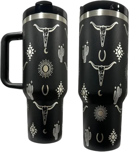 Vista 27 de Botella de agua de acero inoxidable de 40 oz taza Longhorn Bottle Bull Tumbler Cow Gift Western Water Bottle Cup (24oz Cream(90)-Longhorn (D35))
