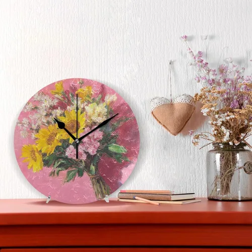 Vista 2 de Retro Flowers with Pink Oil Painting Feel 10 Inch Round Wall Mount Clock Silent Unique for Farmhouse Living Room Living Room reloj de pared