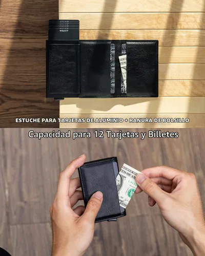 Vista 4 de VULKIT Tarjetero Pop Up Slim Wallet Cuero RFID Bloqueo Tarjetero Caja Hasta 8 Tarjetas de Crédito Negro