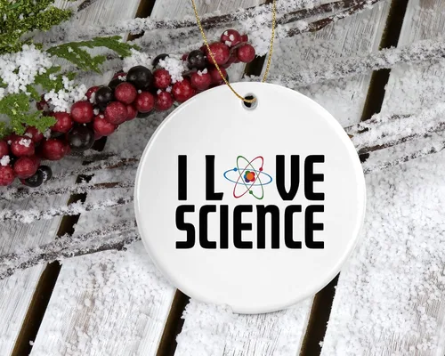 Vista 2 de I Love Science Atom – Adorno de Navidad – Adorno de Navidad – Adorno de cerámica – Regalo para ciencias naturales ama por él, su esposa marido