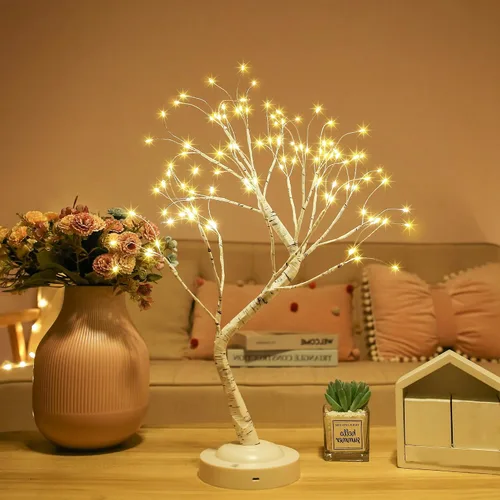 Vista 2 de 108 luces LED de árbol de abedul de 20 pulgadas, lámpara artificial de mesa de árbol de hadas, ocho modos de iluminación, funciona con USB