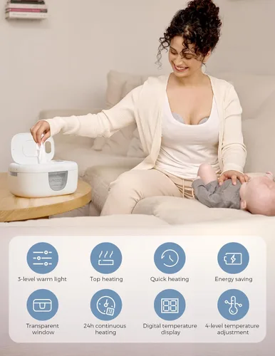 Vista 9 de Momcozy - Calentador de toallitas para bebé, diseño innovador de resorte, dispensador de gran capacidad para 60-80 unidades, 4 modos de control