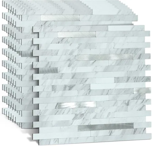 Vista 10 de Midcard Azulejos adhesivos para salpicaduras de 10 hojas, azulejos para cocina, baño, lavandería, cámper, chimenea. 20Trapezoidal Negro Gris Madera