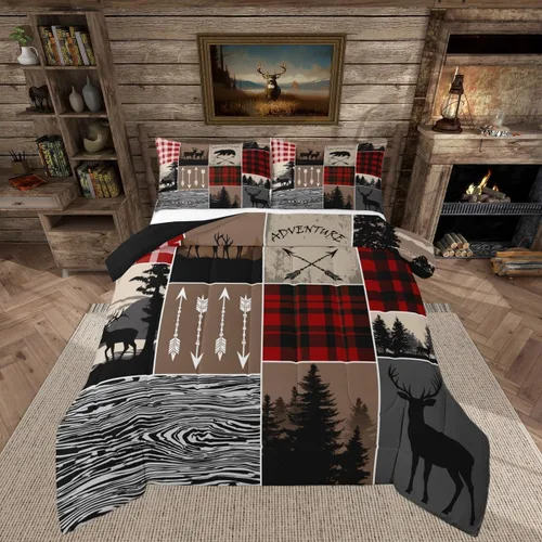 Vista 31 de Juego de edredón de cabaña rústica navideña, juego de ropa de cama estilo rústico con diseño de osos y ciervos, tamaño completo, patchwork Multi 08