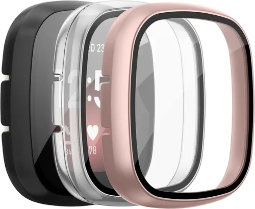 Vista 9 de Mugust Protector de pantalla para Fitbit Sense/Versa 3 - HD vidrio templado sensible al tacto cubierta de policarbonato duro: negro completo