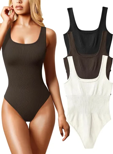 Vista 11 de OQQ Body de 3 piezas para mujer, sexy, acanalado, sin mangas, cuello cuadrado, camiseta sin mangas, leotardo, trajes de moda 2025 negro azul blanco