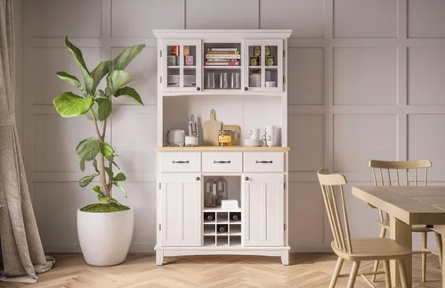 Vista 6 de Homestyles Buffet de Buffets Servidor Blanco Roto con Hutch y Tapa de Madera Natural