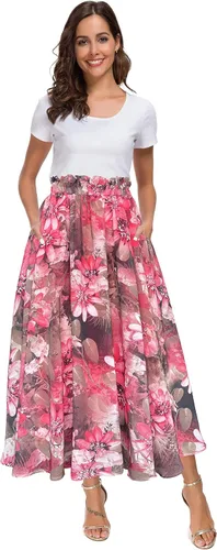 Vista 21 de Afibi Falda de gasa con estampado floral de cintura alta para mujer, estilo swing, de playa, midi, larga con bolsillos Negro