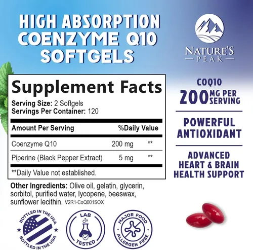 Vista 2 de Cápsulas blandas CoQ10 – Coenzima de ultra alta absorción Q10 200 mg por porción – Suplemento Co Q 10 Softgel con pimienta negra, energía y apoyo