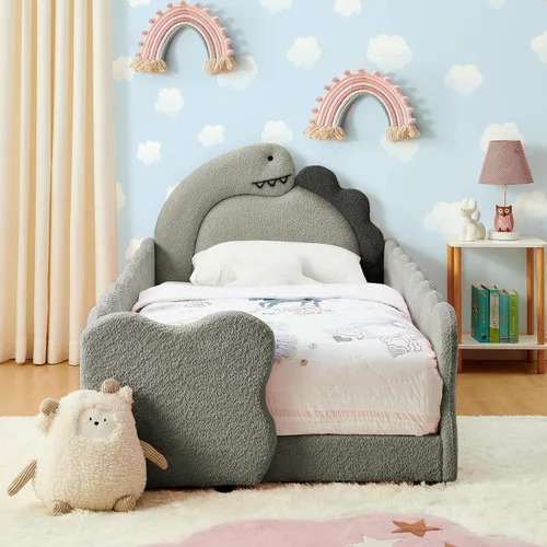 Vista 12 de Cama infantil con forma de dinosaurio de tamaño individual con barandilla de seguridad, marco de cama de piso de madera maciza para niños