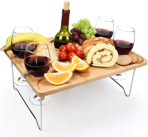 Vista 10 de Tirrinia Mesa Portátil de Picnic para Vino, Regalo de Vino Ideal para Mujeres y Hombres, Pequeña Mesa Plegable para Picnic al Aire Libre y Bandeja