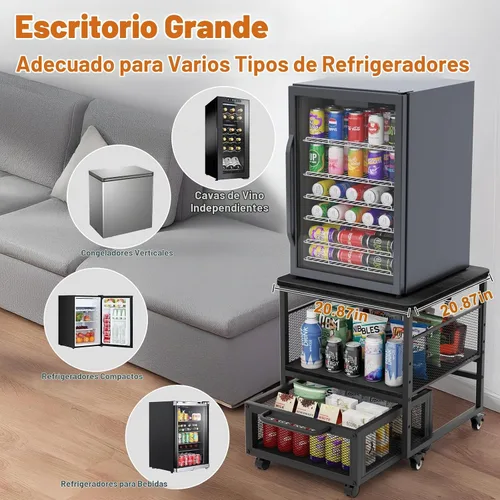 Vista 3 de Mini soporte para refrigerador de 21 x 21 pulgadas con almacenamiento, mini mesa de refrigerador resistente con 4 ruedas bloqueables para cafetería
