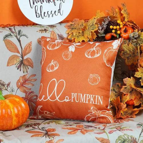 Vista 4 de ONWAY - Juego de 2 fundas de almohada de otoño de 16 x 16 pulgadas, color naranja calabaza con texto "Hello Fall" Hello Fall Hello Pumpkin Maple