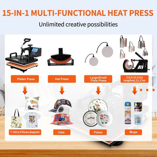 Vista 3 de Máquina de prensa de calor 15 en 1 mejorada para camisetas, sombreros, tazas, bolígrafos y más prensa de calor de 12 x 15 pulgadas, rotación de 360