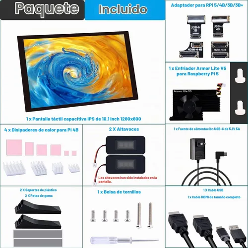 Vista 9 de GeeekPi Pantalla táctil capacitiva de 10.1 pulgadas para Raspberry Pi, monitor HDMI IPS 1280X800 pantalla LCD con doble altavoz para Raspberry Pi