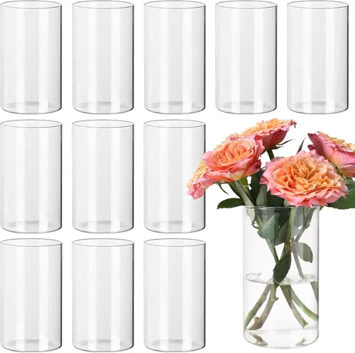 Vista 8 de SUPMIND - Jarrones cilíndricos de vidrio, 6 piezas para centros de mesa, jarrón corto de 5 pulgadas Glass Clear Flower Vases Bulk, Hurricane
