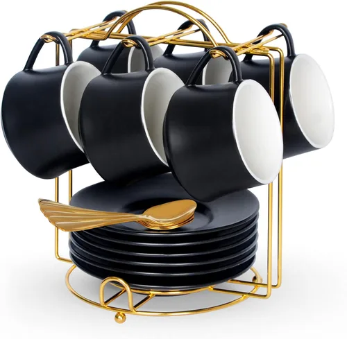Vista 7 de Lareina Juego de 6 tazas de café de porcelana de 3 onzas, tazas de café apilables con platillos, cucharas y soporte de metal, tazas de cerámica