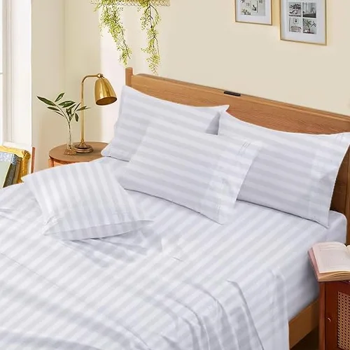 Vista 11 de Sábanas de cama tamaño Queen – 21 pulgadas de profundidad – Juego de 4 sábanas 100% algodón egipcio, rayas plateadas, de lujo, súper suavidad