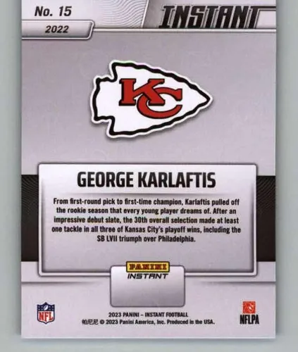 Vista 2 de Tarjeta de intercambio de fútbol americano de la NFL de los campeones LVII de Panini Super Bowl #15 de George Karlaftis RC Novato de Kansas City