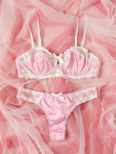 Vista 5 de Verdusa Conjunto de lencería de satén de encaje floral con nudo de lazo para mujer