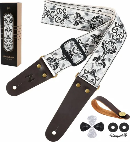 Vista 19 de Nefelibata Correa de guitarra, correas de guitarra de algodón bordadas con extremos de cuero de vaca para bajo, guitarras eléctricas y acústicas
