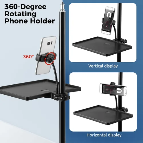 Vista 5 de Bandeja de soporte para micrófono 2 en 1 con soporte para teléfono, bandeja de soporte de micrófono de abrazadera ajustable en altura con abrazadera