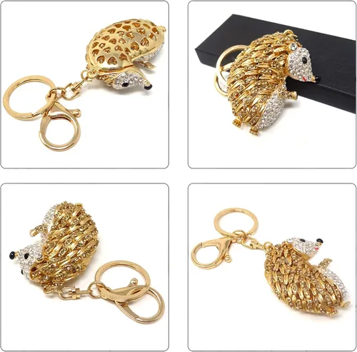 Vista 4 de Honbay 1 llavero de erizo con diamantes de imitación, con colgante de cristal brillante, decoración de animales, en una caja para bolso, cartera
