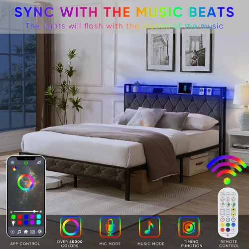 Vista 5 de Full Bed Frame Metal, Charging Station and Led Lights, Upholstered Platform Bed with Heavy Metal Slats, No Box Spring Needed, Noise Free, Easy