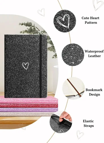 Vista 2 de Bling - Cuaderno A5, cuaderno rayado A5, bloc de notas para niñas y mujeres, bonito diseño de corazón con purpurina, cuaderno de tapa dura con rayas
