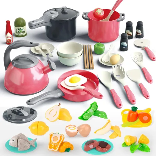 Vista 14 de Bruvoalon Juego de 32 juguetes de cocina para niños, accesorios de cocina con ollas, sartenes, utensilios de cocina, alimentos, verduras enlatadas