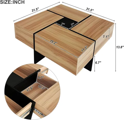 Vista 2 de DHAEY Mesa de centro cuadrada con 4 compartimentos de almacenamiento ocultos, mesa central con mesa deslizante extensible, mesa de cóctel, mesa