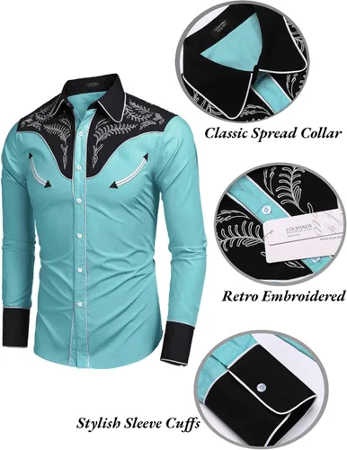 Vista 5 de COOFANDY Camisa vaquera occidental bordada con botones y manga larga para hombre