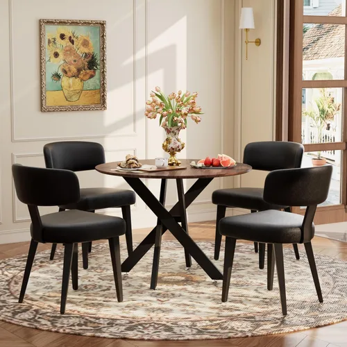 Vista 28 de Juego de mesa de comedor de madera para 2, mesa de cocina redonda de 36 pulgadas con 2 sillas de comedor Boucle, mesa de MDF con patas de metal