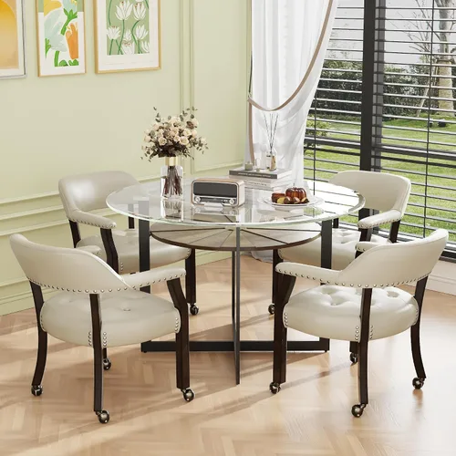 Vista 5 de LEEMTORIG Juego de 2 sillas de comedor con ruedas y brazo, sillas de comedor grandes con ruedas, silla de mesa de póquer de madera maciza, 26