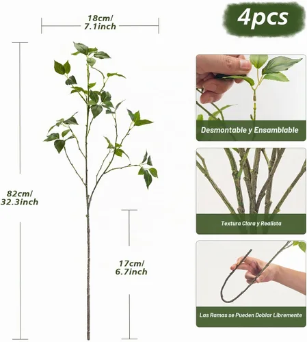 Vista 2 de Plantas artificiales vegetación, tallos de eucalipto, ramas para decoración del hogar, hojas de ficus rústicas sintéticas florales para mesa