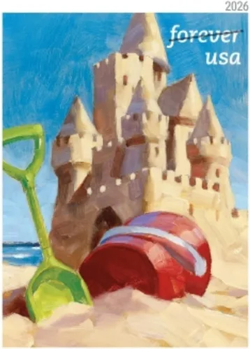 Vista 6 de Un día en la playa 2026 (Libro de 20) Cuatro escenas de encanto junto al mar Sellos postales de primera clase Mail Forever