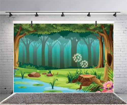 Vista 4 de Leyiyi Fondo de fotografía de bosque encantado de 5 x 3 pies, diseño de cuento de hadas, bosque, primavera, flores, río, caricatura, telón de fondo