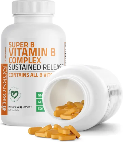 Vista 4 de Bronson Complejo de vitamina B Super B de liberación lenta sostenida (vitamina B1, B2, B3, B6, B9 - ácido fólico, B12) contiene todas las vitaminas
