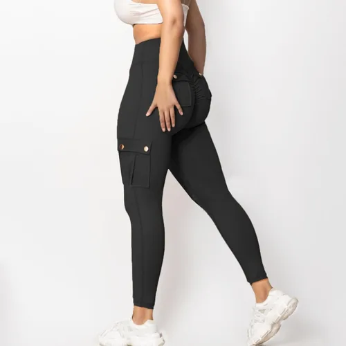 Vista 7 de Ayolanni Women High Waist Yoga Leggings Butt Lifting Tummy Control Solid Cargo Tights with Button Porkets for Jogging Workout