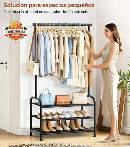 Vista 5 de MISSLO Estantes para ropa resistentes para colgar ropa con 3 estantes, estante para ropa resistente con almacenamiento para zapatos para abrigos
