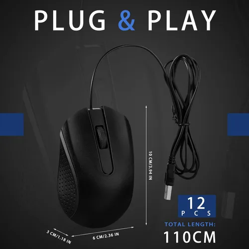 Vista 2 de Hoteam Ratón de computadora con cable, cable a granel, USB, mouse ergonómico con cable para PC, computadoras, portátiles, juegos, oficina, Negro