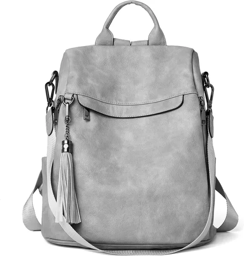 Vista 8 de Bromen - Mochila tipo bolso de mano de piel antirrobo para mujer a la moda, Beige floral, L