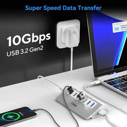 Vista 2 de intpw Hub USB con alimentación 10Gbps, Hub de datos de aluminio de 7 puertos USB 3.2 con 4 puertos USB 3.2 Gen 2, 3 puertos de carga rápida