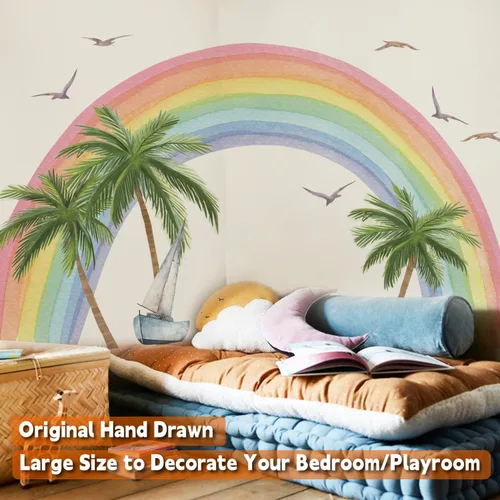 Vista 2 de funlife Calcomanías de Pared de Tela Grandes de Medio Arcoíris Despegar y Pegar para Dormitorio de Niñas, Golden Shores Coco