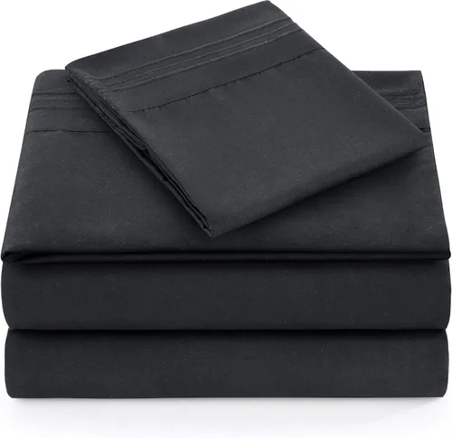 Vista 2 de Marina Decoration Juego de sábanas de 4 piezas con 2 fundas de almohada bordadas, de rayón sólido de bambú para todas las estaciones, con 2 fundas