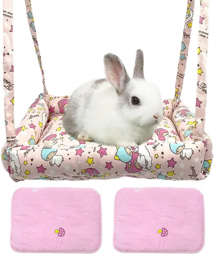 Vista 7 de Hamaca de conejo, columpio colgante de animales pequeños, hamaca con 2 almohadillas, hamaca para mascotas, columpio para conejos, cobayas