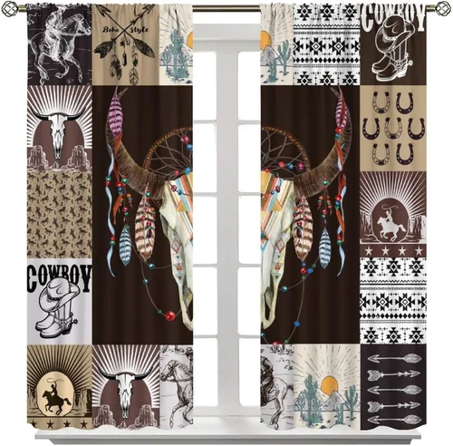 Vista 311 de Cortinas con patrón geométrico tribal, estilo suroeste, azteca, rústico, occidental, nativo americano, opacas, con bolsillo para barra, decoración
