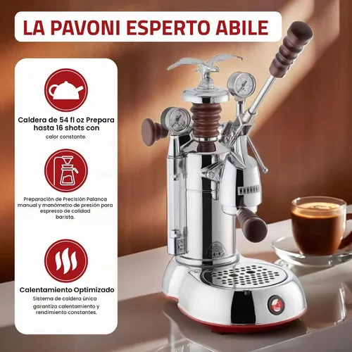 Vista 2 de La Pavoni Esperto Abile - Máquina de café expreso con palanca de 16 tazas, acabado cromado con asas de palisandro personalizadas, caldera niquelada