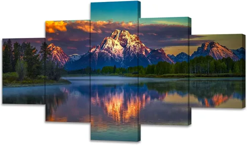 Vista 9 de SKASNFAI 5 piezas de paisaje del parque nacional Grand Teton, arte de pared, pinturas en lienzo de montaña, paisajes naturales, cuadros enmarcados